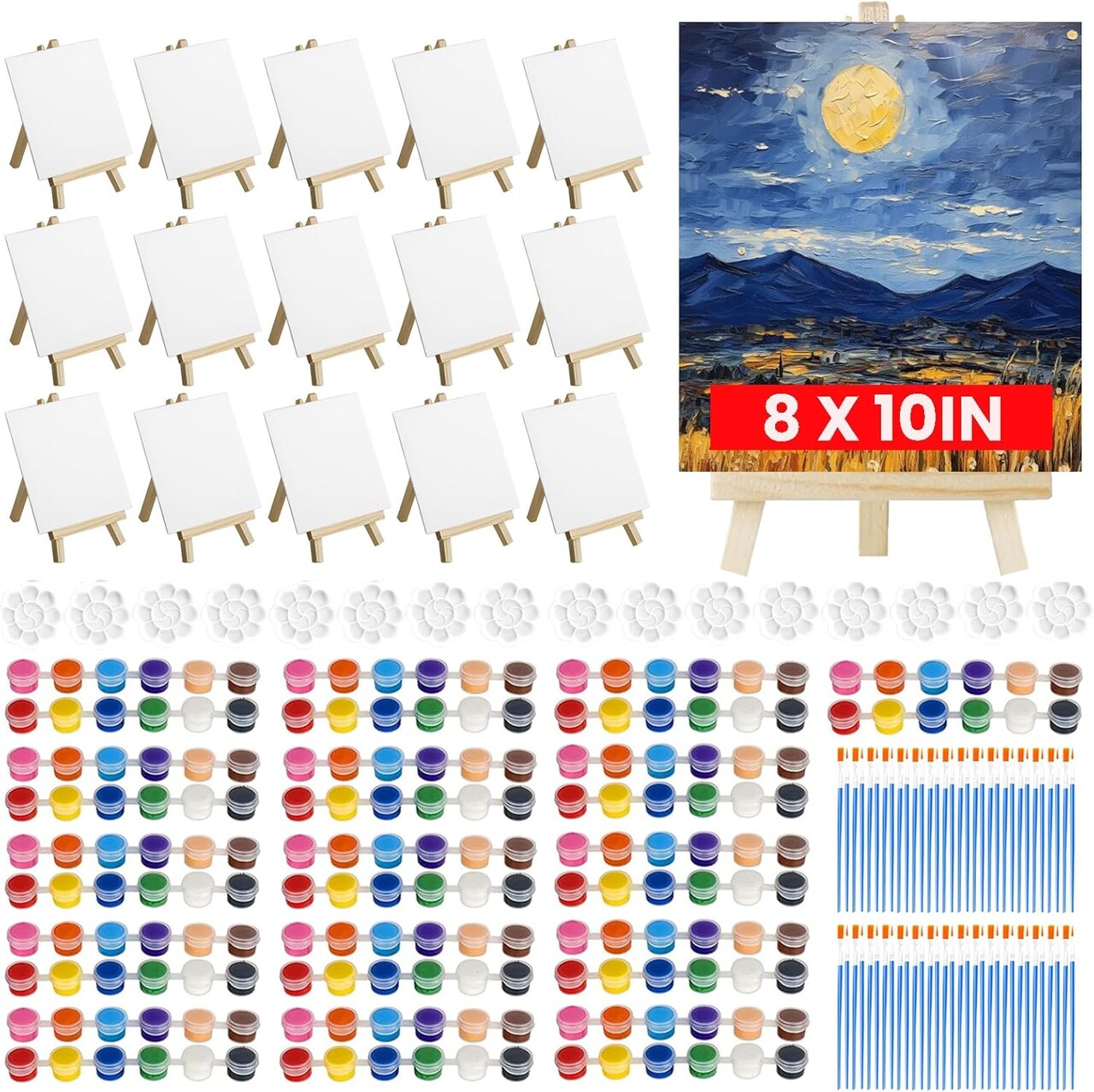 16 Pack Canvas Painting Kits for Adults Kids, 8x10 Inch Canvas for Painting with Easels, Brushes, Palettes, Acrylic Paints, Art Canvas and Easel Set for Paint Party Supplies